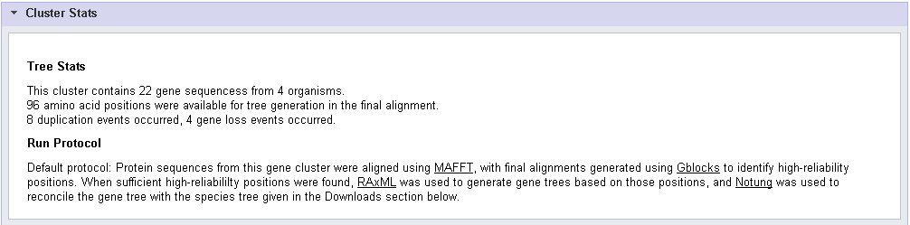 screenshot of clusters phylogenetically reconstructed tree: stats panel