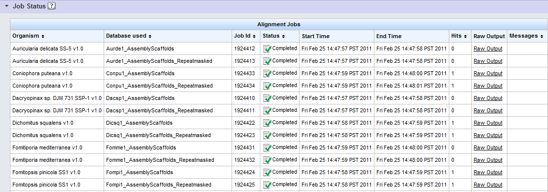 screenshot of Job Status table