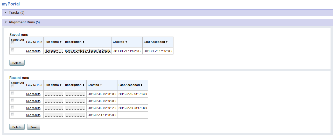 MyPortal page with alignment runs panel