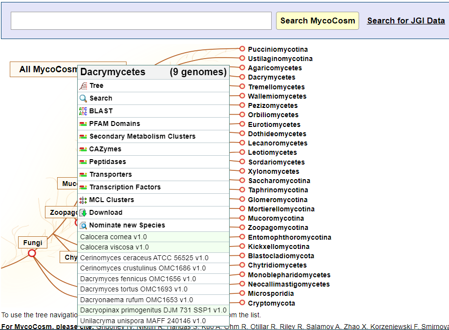 MycoCosm Tree Group Menu